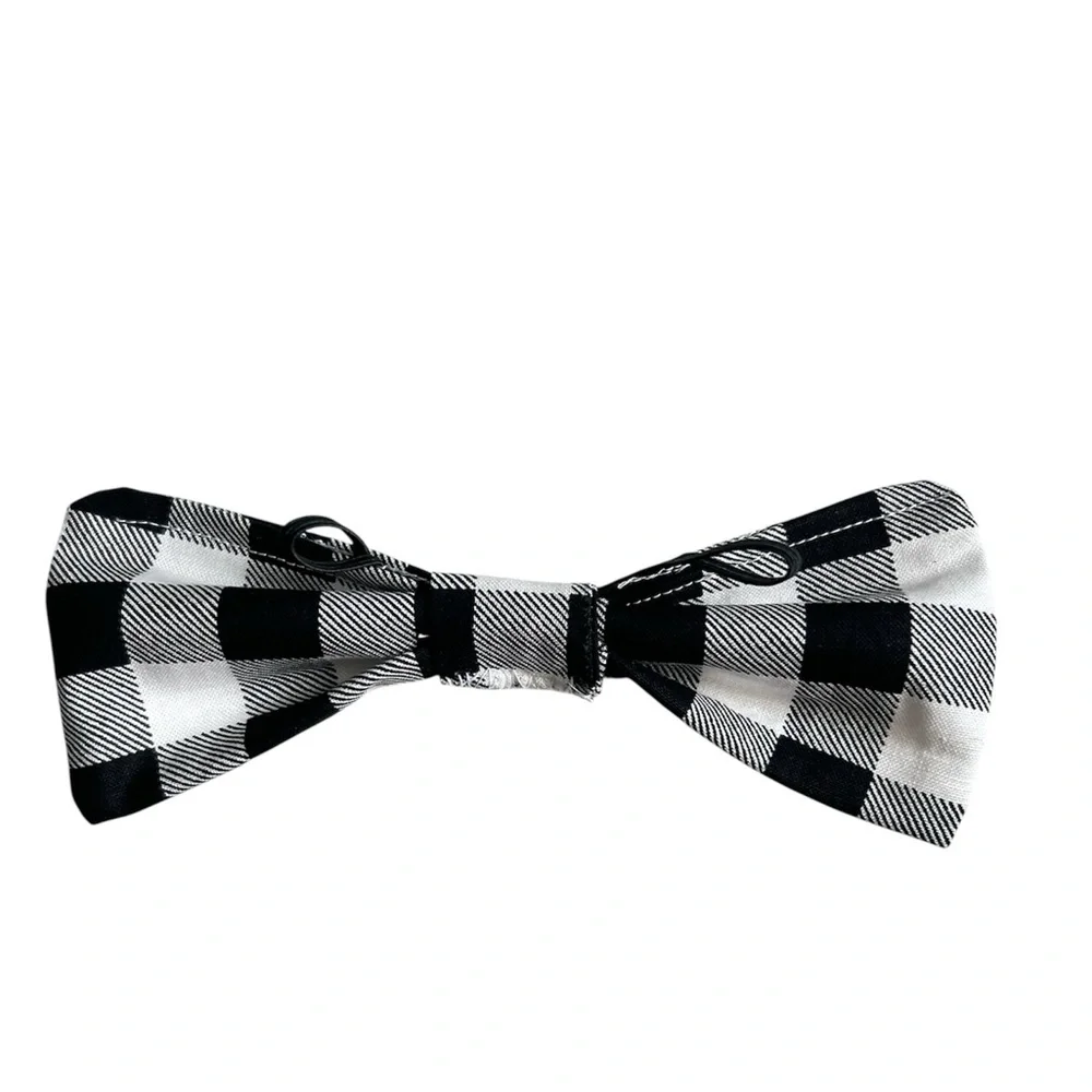 Hand Crafted Black Plaid Dog Bow Tie Cotton Collar Attachable 6” Accessory